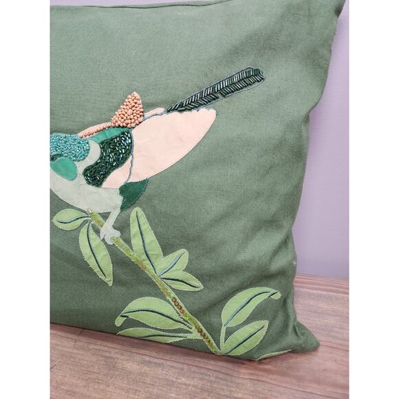 West Elm Pillow Bird Design 14”x14” Green Embellished - Picture 3 of 7